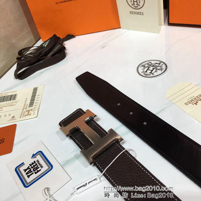 HERMES愛馬仕 咖啡色荔枝紋 義大利進口小牛皮 精鋼扣頭 男款皮帶  xfp1108